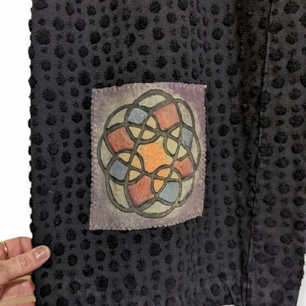Vtg Blue Fish Black Cotton Chenille Dot Lagenlook Duster Art Patch Longline Coat - Picture 16 of 16